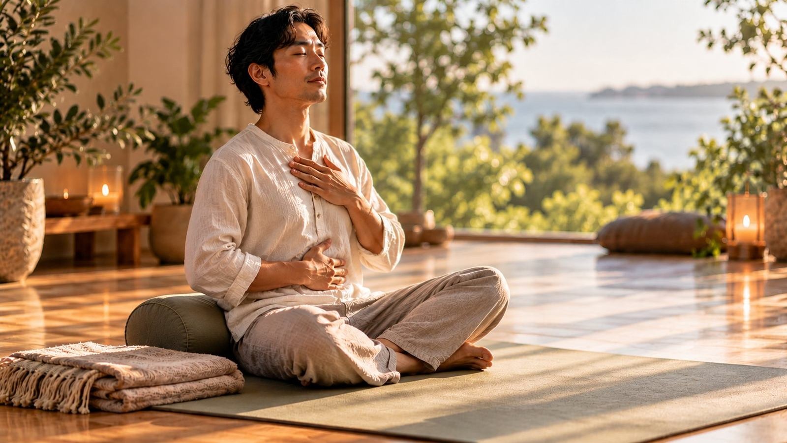 Man practicing mindful breathing in a calm wellness setting