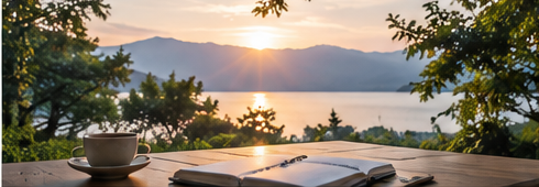 Journal and tea on a table beside a lake at sunset