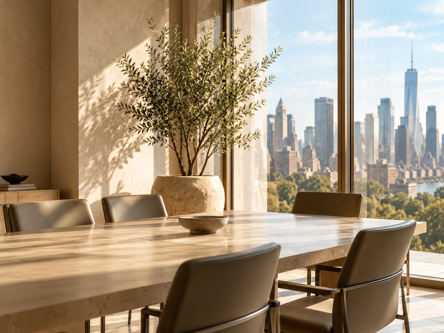 Warm minimalist corporate meeting room with natural stone table, olive tree and city views