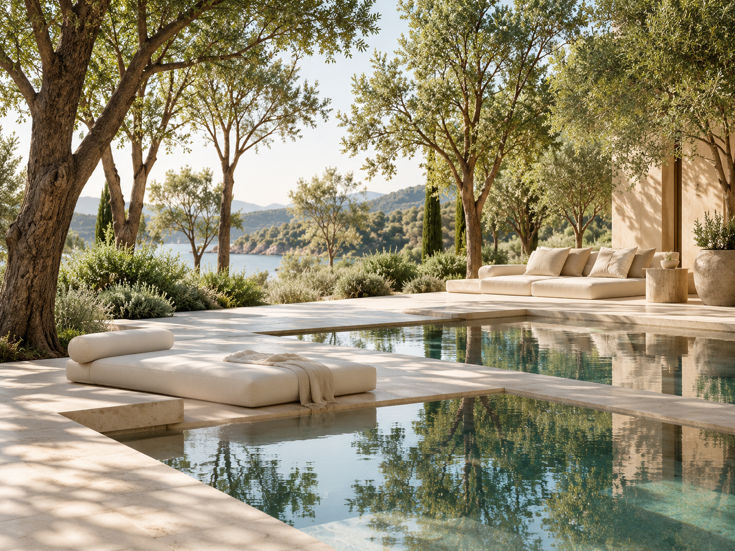 Peaceful outdoor garden retreat pool with trees, pale loungers and natural stone
