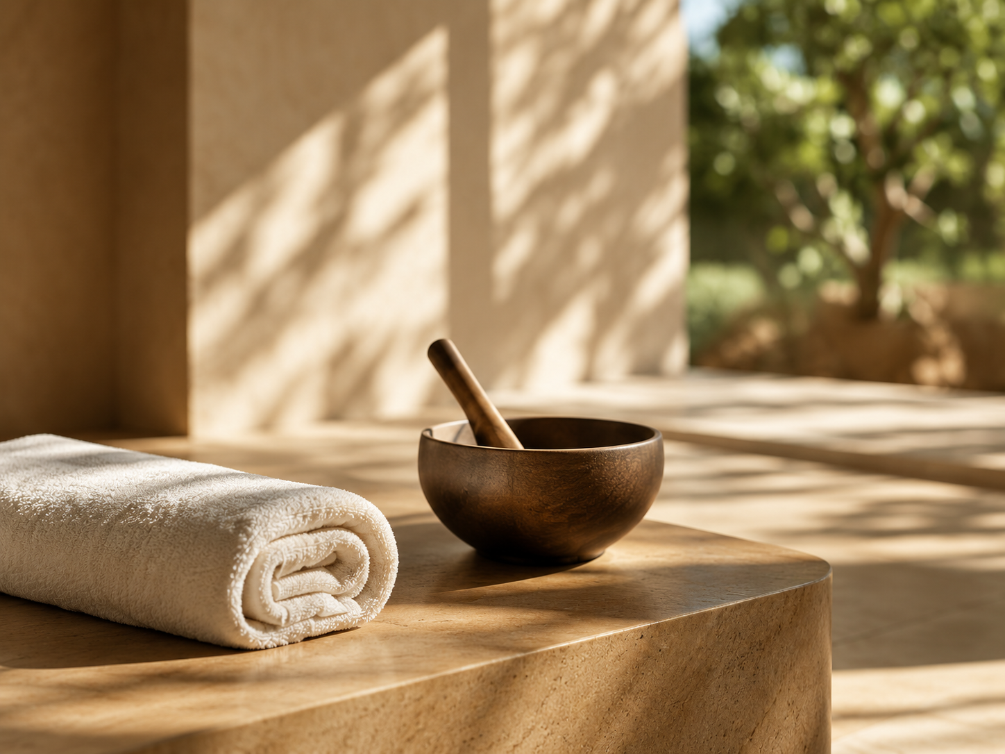 Folded white spa towel and wooden wellness bowl in warm natural light