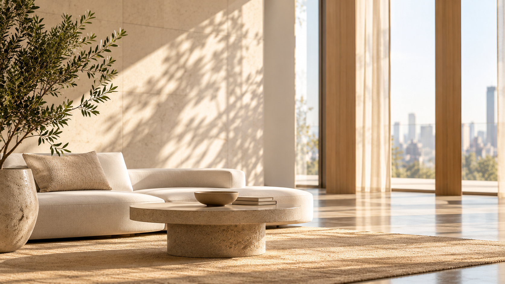 Elegant sunlit contemporary lounge with a cream sofa, natural materials, greenery and distant city views