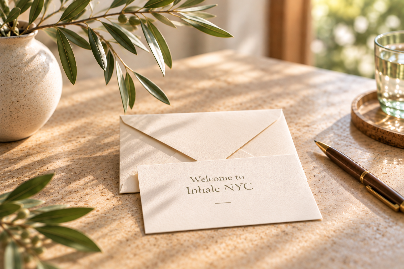 Cream envelope centered behind a Welcome to Inhale NYC note, with olive branches, a pen and warm natural light