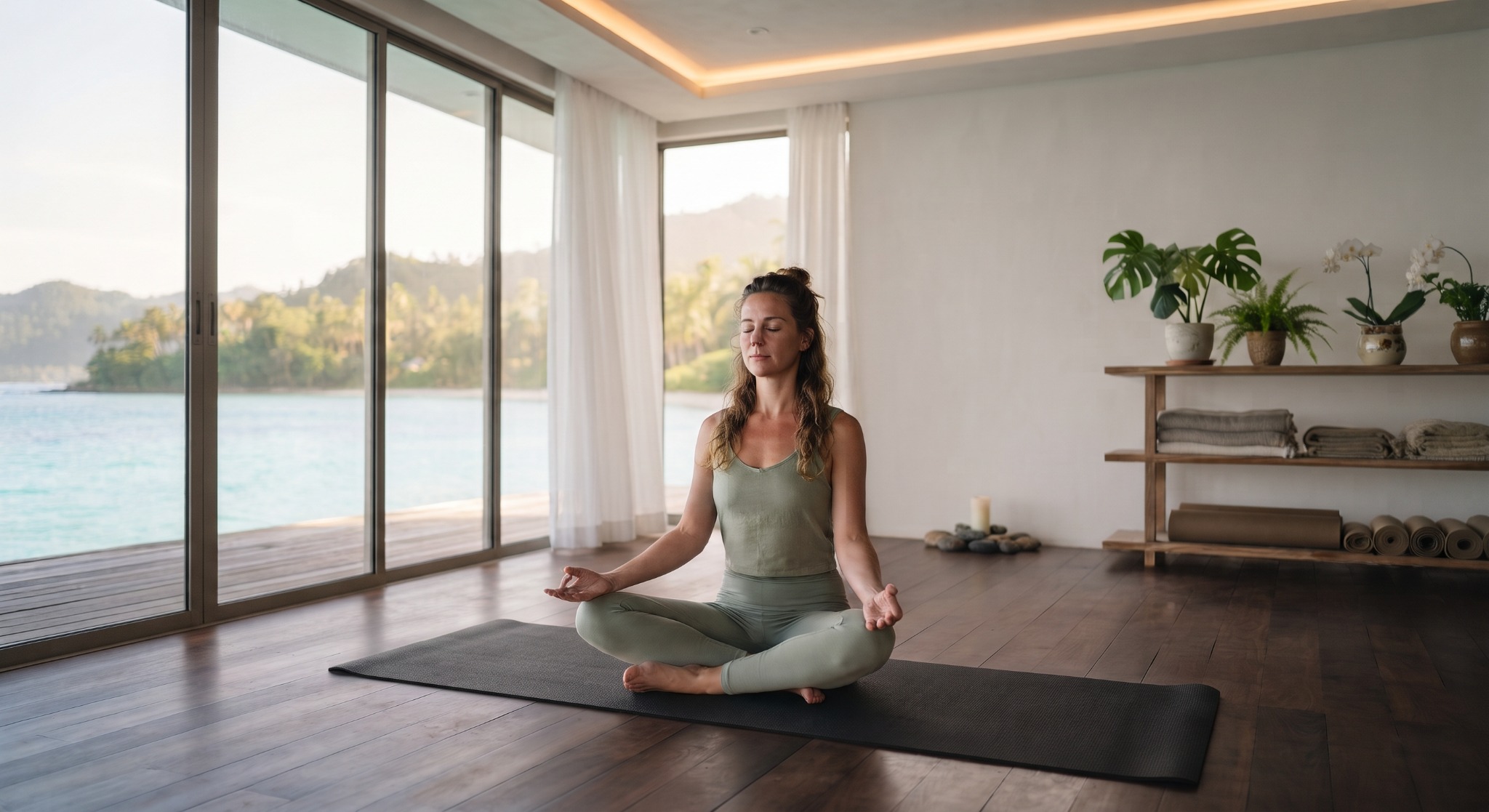 Woman seated in a meditative pose in a tranquil room overlooking the water