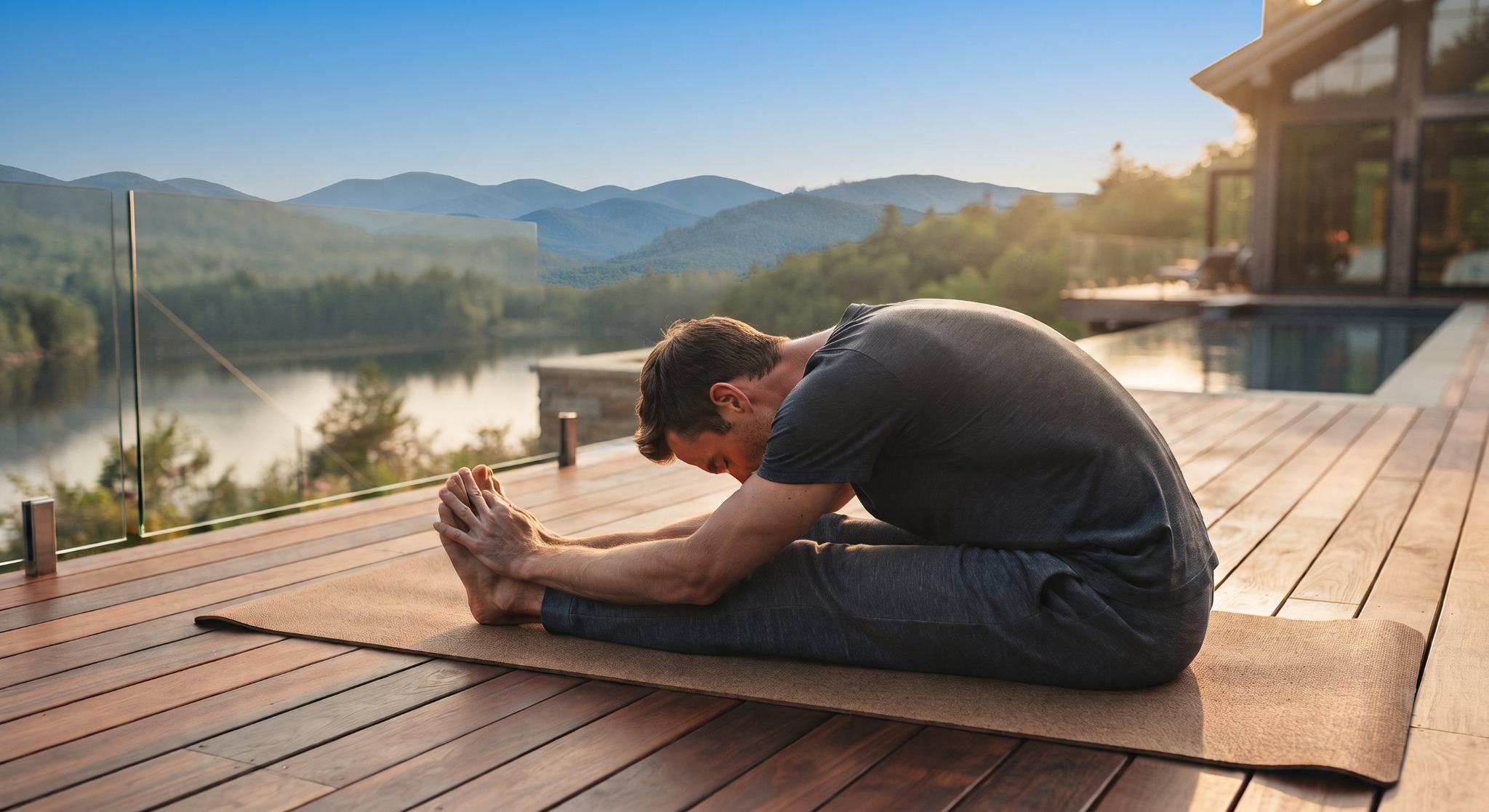 Man practicing a seated forward stretch in a peaceful lakeside setting